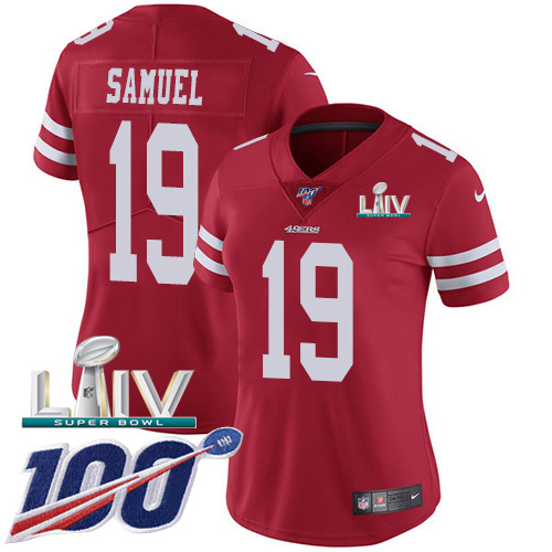 San Francisco 49ers Nike #19 Deebo Samuel Red Super Bowl LIV 2020 Team Color Women Stitched NFL 100th Season Vapor Limited Jersey